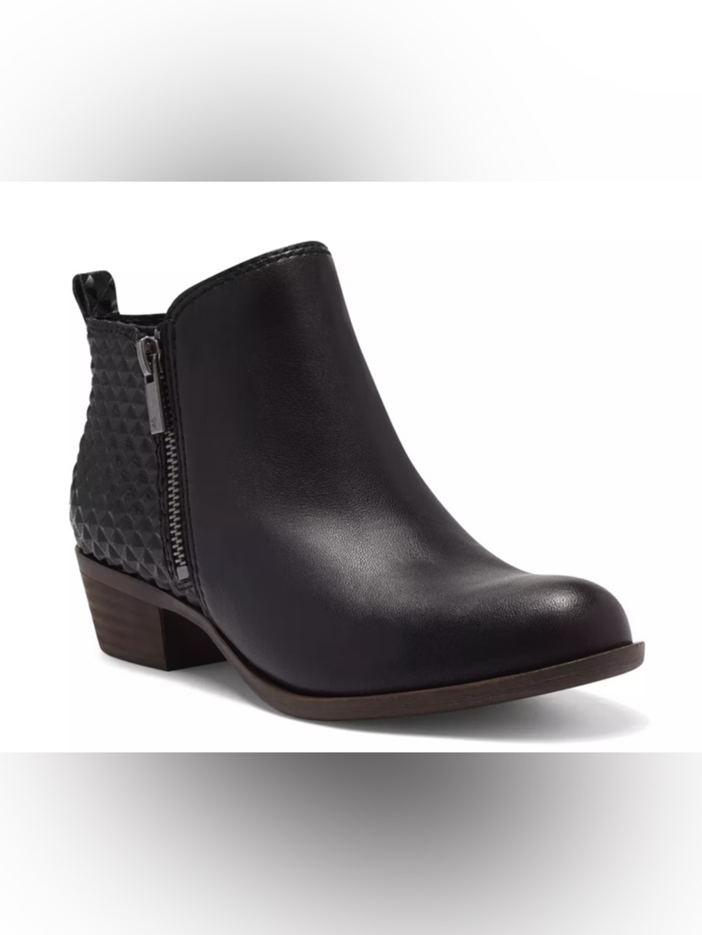 NIB Lucky Brand Basel Black Leather Booties 8.5 Side Zip Textured Chunky Heel